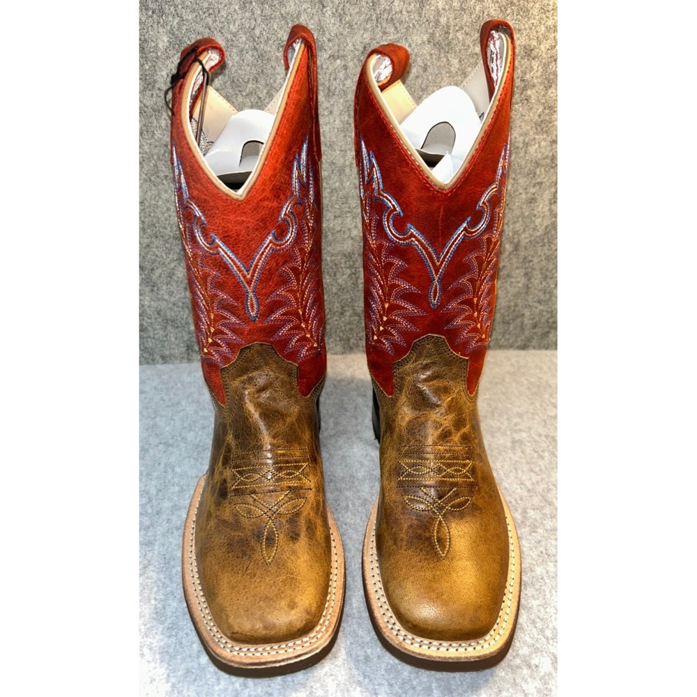 Old West BSC1959 Kids 1.5 D Leather Brown Red Square Toe Cowboy Boots NIB - Picture 2 of 6